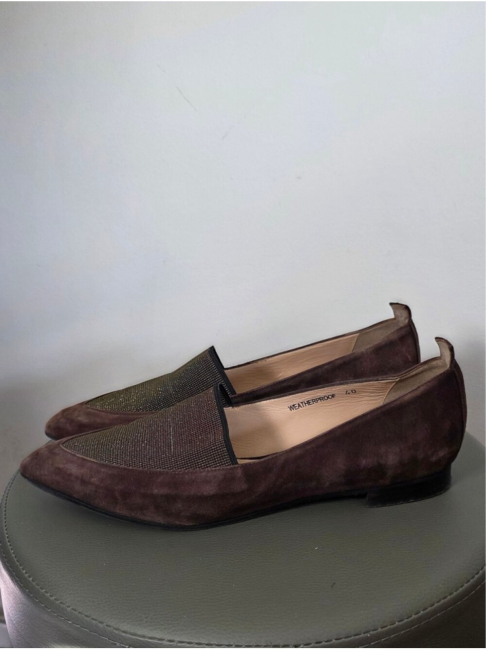 Ron White Weatherproof Suede Pointed Toe Loafers Brown Italian Leather Flats